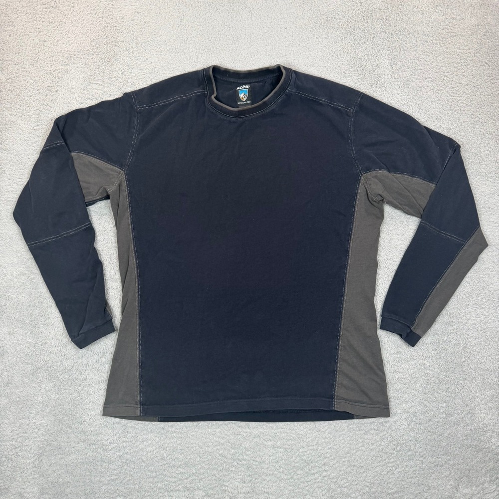 Kuhl Mens XL Organic Cotton Long Sleeve Shirt Navy Blue Grey Colorblock Hiking